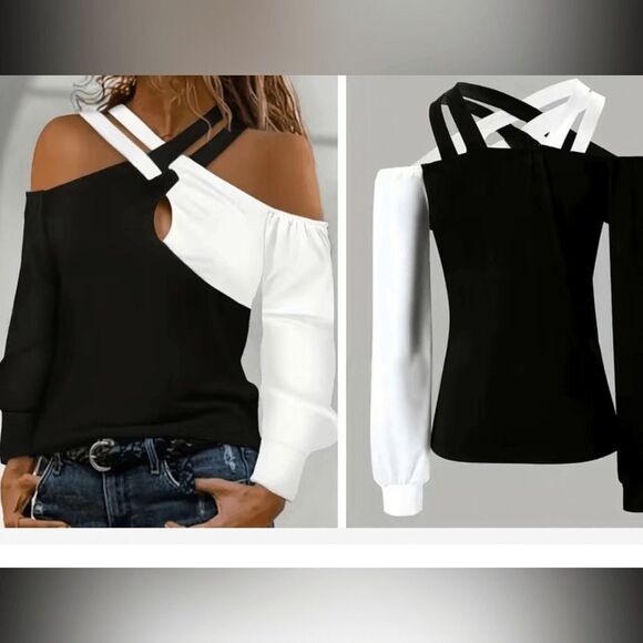 Black and white cold shoulder long sleeve crisscross top. NWOT - Picture 5 of 7